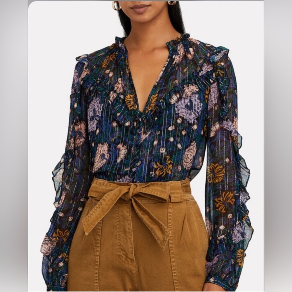 Veronica Beard Abra floral silk-blend blouse with metallic stripes and ruffle